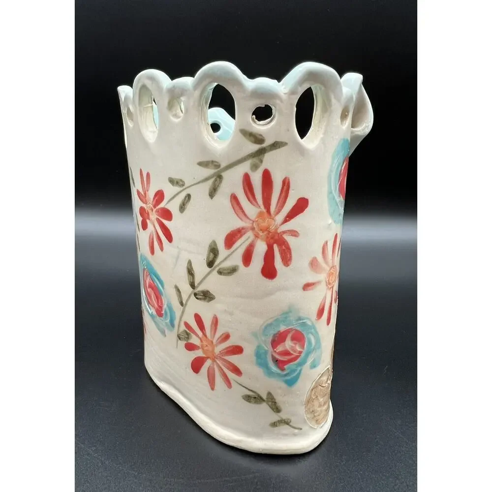 Deb Babcock Blue Sky Art Pottery Vase 5.5” Fox & Florals Whimsical Signed